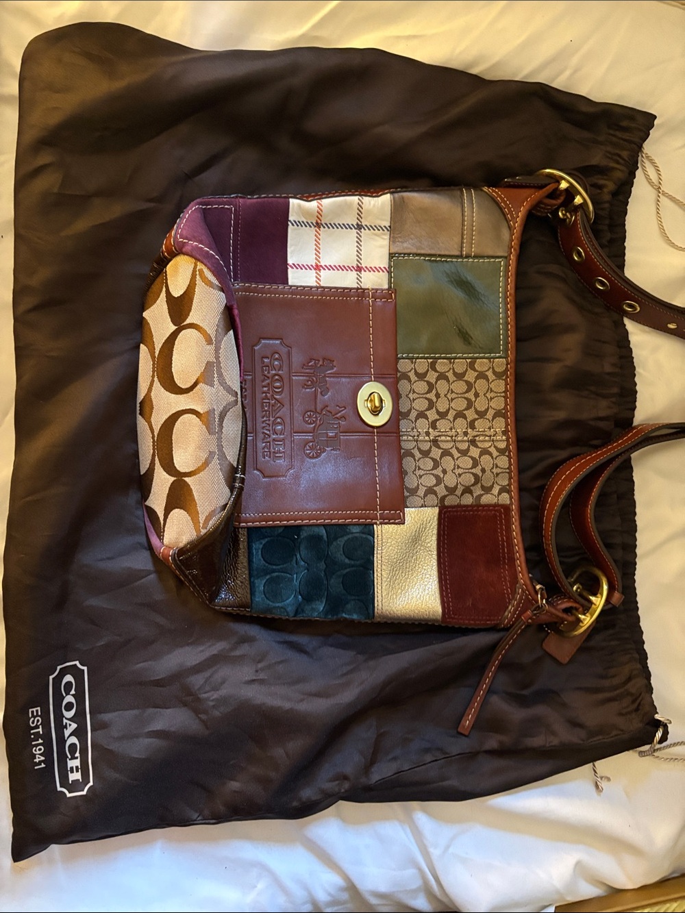 Coach Patchwork Leather Shoulder Bag in Brown, Tan, Green, Teal, Burgundy - Picture 3 of 3